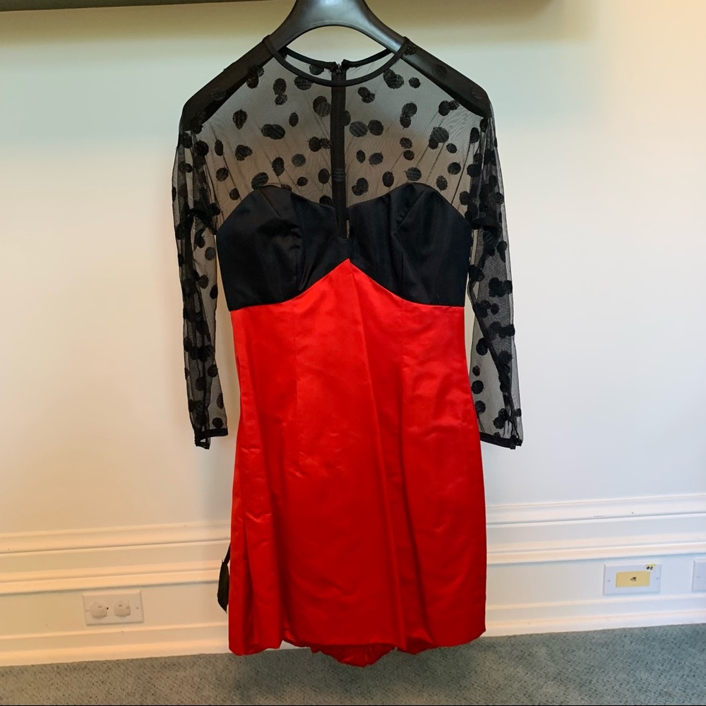 Sully Bonnelly Red and Black Mini Dress with Polka Dot Mesh